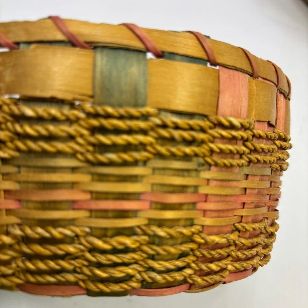 Two Vtg Hand Woven Basket Set Round Multicolored Splint and Oval Lidded Seagrass